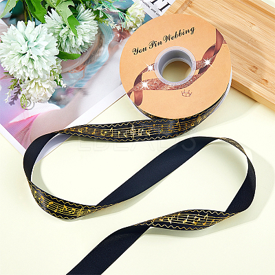 50 Yards Gold Stamping Musical Note Polyester Printed Ribbon OCOR-WH0091-34A-1