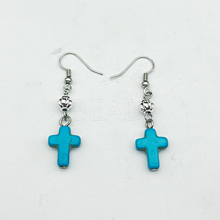 Cross Synthetic Turquoise & Alloy Dangle Earrings WG2299-23-1