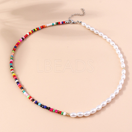 Glass Seed Beaded with Rice Plastic Pearl Beaded Necklaces for Women FS-WGE85A7-01-1