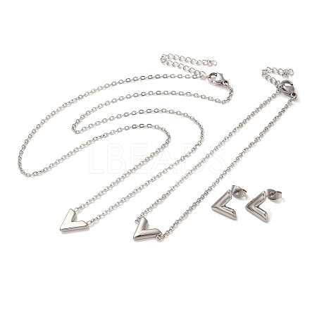 Non-Tarnish Letter V 304 Stainless Steel Pendant Necklaces & Bracelets & Stud Earrings Sets for Women SJEW-C004-04P-1