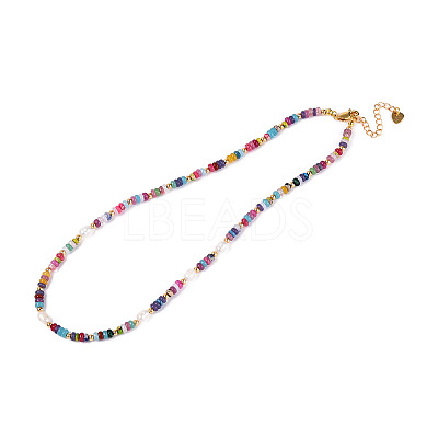 Rondelle Natural Agate & Pearl & Brass Beaded Necklaces for Women NJEW-T017-02G-1