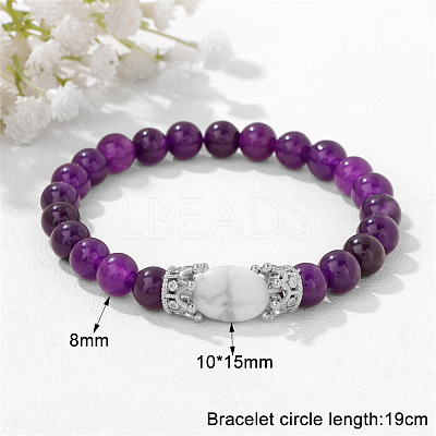 8MM Round Natural Amethyst Beaded Stretch Bracelets with Oval Synthetic Howlite Beads WG9ED28-01-1