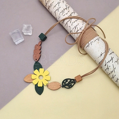 Wooden Flower Leaf Pendant Imitation Leather Cord Necklaces for Women WG4EF74-01-1