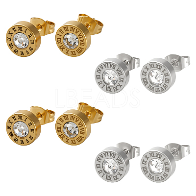 8Pcs 2 Colors 304 Stainless Steel Flat Round Stud Earrings EJEW-GO0003-12-1