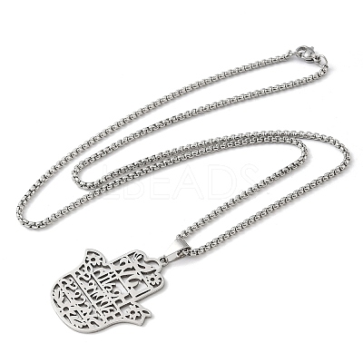 201 Stainless Steel Hollow Cut Hamsa Hand Pendant Necklaces NJEW-H065-07P-1