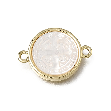 Natural White Shell Brass Flat Round Links Connector Charms KK-C262-03B-02G-1