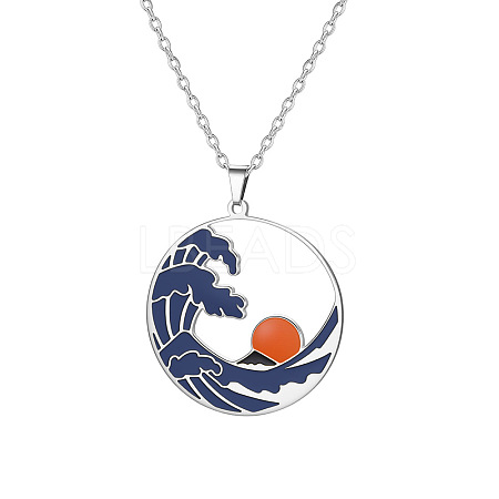 304 Stainless Steel Enamel Blue Sea Wave with Sun Pendant Necklaces for Women WGB8498-01-1