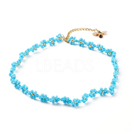 Glass Seed Beaded Flower Necklace with Alloy Enamel Bee Charm NJEW-JN03817-01-1