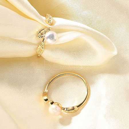 Round Natural Pearl Finger Rings RJEW-P113-24G-1