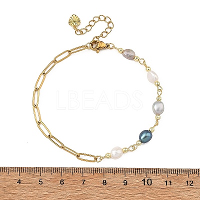 Natural Pearl Rice Beaded Chain Bracelets with 304 Stainless Steel Paperclip Chains BJEW-JB14234-01-1