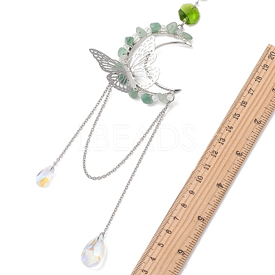 3Pcs Natural Rose Quartz & Aquamarine & Green Aventurine Chips & Brass Moon & 304 Stainless Steel Butterfly Suncatcher HJEW-TA00449-1