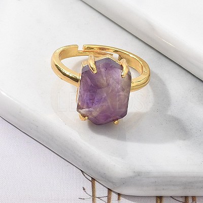 Hexagon Natural Amethyst Finger Rings RJEW-B113-02G-06-1