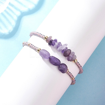2Pcs Natural Amethyst & Glass Seed Beads Braided Bead Bracelets for Women BJEW-MZ00247-04-1