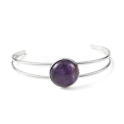 Natural Mixed Stone Flat Round 304 Stainless Steel Cuff Bangles for Women BJEW-JB14352-02-1