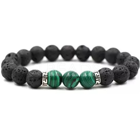 8MM Round Synthetic Malachite and Natural Lava Rock Beaded Stretch Bracelets for Couples BW4110-2-1