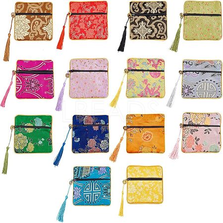 14Pcs 14 Colors Chinese Brocade Tassel Zipper Jewelry Bag Gift Pouch ABAG-NB0001-21-1