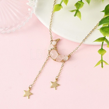 Natural Rose Quartz Chip Beads Moon Pendant Brass Cable Chain Necklaces for Women NJEW-TA00257-03-1