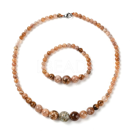 Natural Agate Round Beads Bracelets & Necklaces Sets SJEW-L132-22-1
