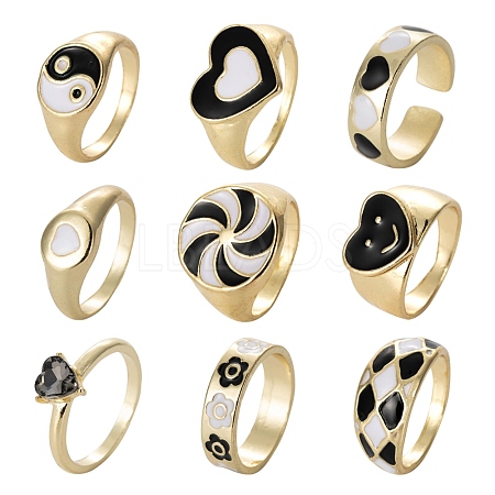 9Pcs 9 Style Alloy Rhinestones & Enamel Finger Rings RJEW-LS0001-55-1