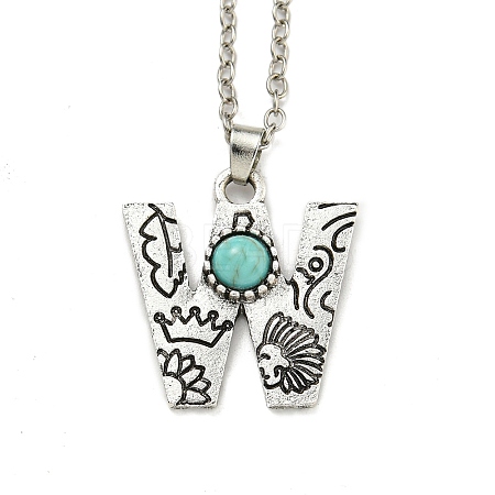 Letter A~Z Antique Silver Plated Alloy with Synthetic Turquoise Pendant Necklaces NJEW-G080-01W-1