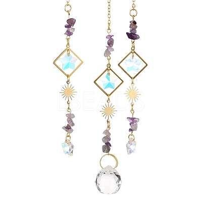 Natural Amethyst Chip & Brass Moon Hanging Suncatcher Pendant Decoration PW23041121729-1