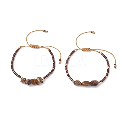 2Pcs Natural Tiger Eye & Glass Seed Beads Braided Bead Bracelets for Women BJEW-MZ00247-03-1
