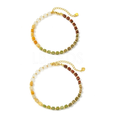 Natural Unakite & Quartz Crystal & Chinese Southern Jade & Yellow Aventurine & Sesame Jasper & Brass Beaded Anklets AJEW-AN00879-1