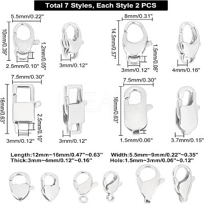14Pcs 7 Style Polished 316 Surgical Stainless Steel Lobster Claw Clasps STAS-UN0023-46-1