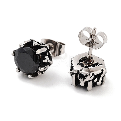 Round 316 Surgical Stainless Steel Pave Black Cubic Zirconia Stud Earrings for Women Men EJEW-Z050-11AS-1