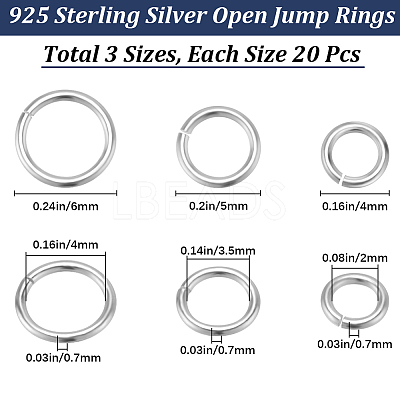 60Pcs 3 Styles 925 Sterling Silver Open Jump Rings STER-BBC0006-20-1