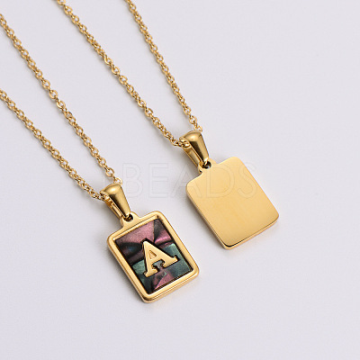 304 Stainless Steel Pave Natural Paua Shell Rectangle Initial Pendant Necklaces for Women FS-WG38E89-01-1