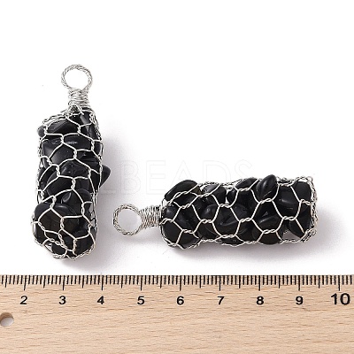 Rack Plating Copper Wire Wrapped Natural Obsidian Chip Big Pendants G-C130-01P-07-1