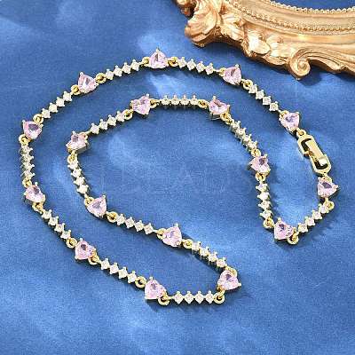 Brass Pave Pink Cubic Zirconia Heart Link Chain Necklaces KK-CBA4547-16A-G-1
