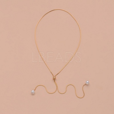 Alloy Snake Chain Slider Lariat Necklaces with Plastic Imitation Pearl Round Beads WG87CD3-01-1
