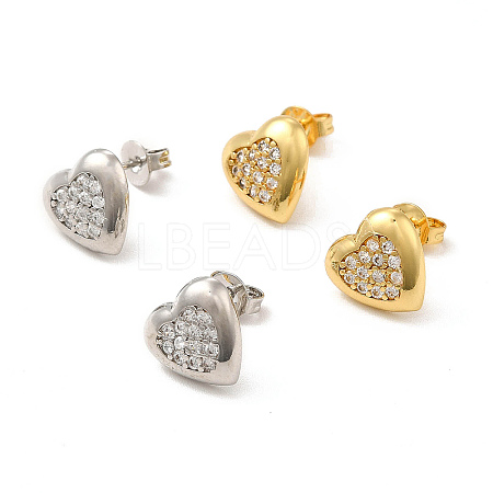 Rack Plating Brass Micro Pave Clear Cubic Zirconia Heart Stud Earrings EJEW-F301-20-1