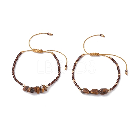 2Pcs Natural Tiger Eye & Glass Seed Beads Braided Bead Bracelets for Women BJEW-MZ00247-03-1