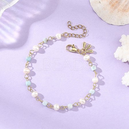 Natural Pearl & Larimar Cube Beaded Chain Bracelets for Women BJEW-JB14246-1