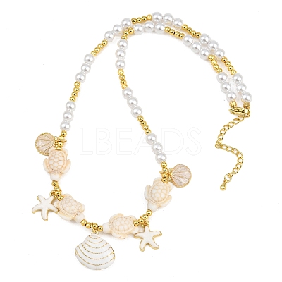 Ocean Brass Enamel Starfish Shell Shape Pendant Round ABS Imitation Pearl Beaded Necklaces KK-CBA4547-04D-G-1