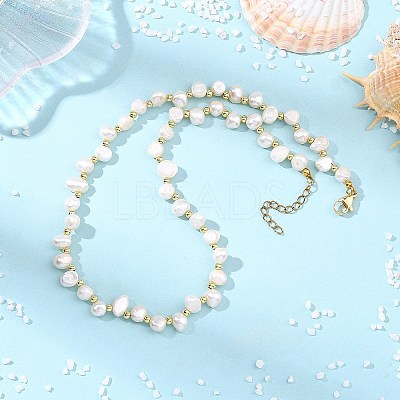 Natural Pearl Two Sides Polished and Round Brass Beaded Necklaces NJEW-JN06323-1