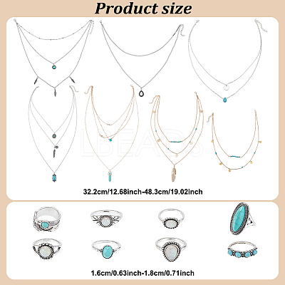 15Pcs 15 Style Oval & Teardrop & Feather Synthetic Turquoise Pendants Multi-layer Necklaces & Finger Rings SJEW-AN0001-43-1