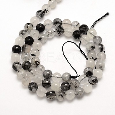 Natural Gemstone Black Rutilated Quartz Round Beads Strands G-E251-30-8mm-1