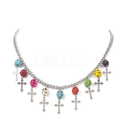 Dyed Synthetic Turquoise Skull with Cross Bib Necklace NJEW-TA00071-1