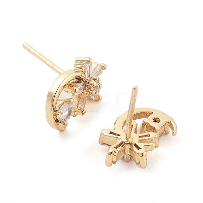 Moon with Flower Brass Micro Pave Cubic Zirconia Stud Earrings EJEW-Q800-24KCG-1