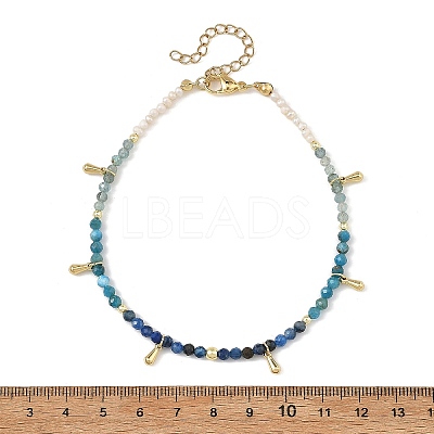 Natural Apatite & Kyanite Faceted Round and Pearl Beaded Anklets AJEW-AN00872-01-1