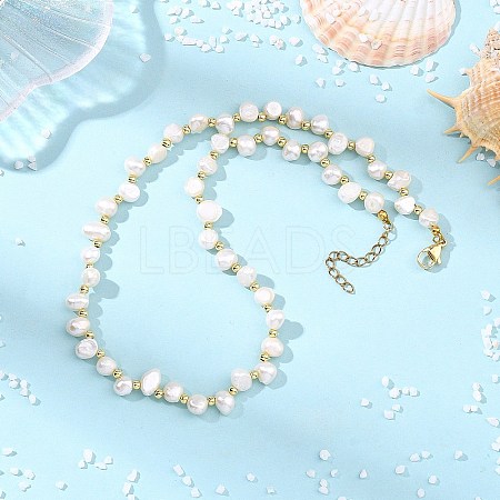 Natural Pearl Two Sides Polished and Round Brass Beaded Necklaces NJEW-JN06323-1