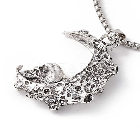 Alloy Crescent Moon with Skull Pendant Necklace with 304 Stainless Steel Box Chains NJEW-C007-05AS-1