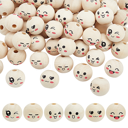 60Pcs 6 Styles Printed Wood European Beads WOOD-FG0001-46-1