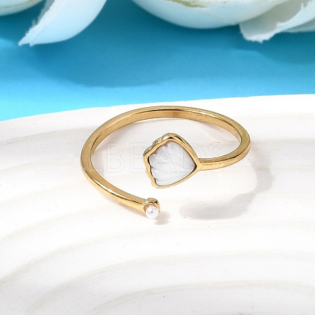 304 Stainless Steel & Natural Shell & Imitation Pearl Cuff Rings for Women RJEW-G372-01G-07-1