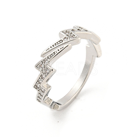 Lightning Bolt Brass Micro Pave Clear Cubic Zirconia Open Cuff Rings RJEW-G309-33P-1
