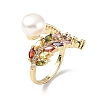 Colorful Cubic Zirconia Wheat with Natural Pearl Open Cuff Ring RJEW-F134-04G-1
